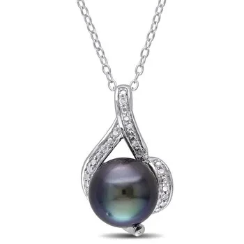 AMOUR 9 - 9.5 Mm Black Tahitian Pearl and Diamond Curlicue Pendant with Chain In Sterling Silver - Save 59% Today!