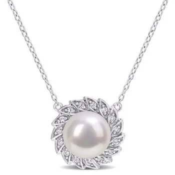 AMOUR 9.5-10mm Freshwater Cultured Pearl and 1/6 CT TGW Created White Sapphire Halo Pearl Pendant with Chain In Sterling Silver - 59% Off Today!