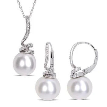 AMOUR 11-12mm Cultured Freshwater Pearl and 1/10 CT TW Diamond Spiral Earrings and Pendant Set In Sterling Silver - Save $14001 Today!