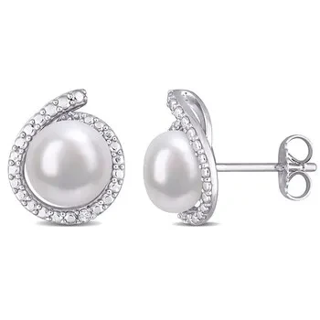 AMOUR 8-8.5mm Freshwater Cultured Pearl and Diamond Accent Halo Stud Earrings In Sterling Silver - 48% Discount Now!