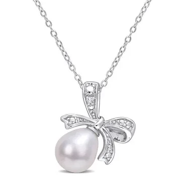 AMOUR 8.5-9mm Freshwater Cultured Pearl and Diamond Accent Bow Pendant with Chain In Sterling Silver - 54% Discount Now!