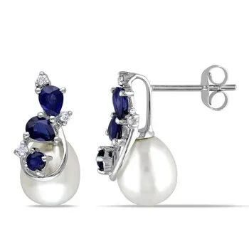 AMOUR 7.5 - 8 Mm White Cultured Freshwater Pearl Earrings with Diamonds and Sapphire In 10K White Gold - 48% Discount Now!