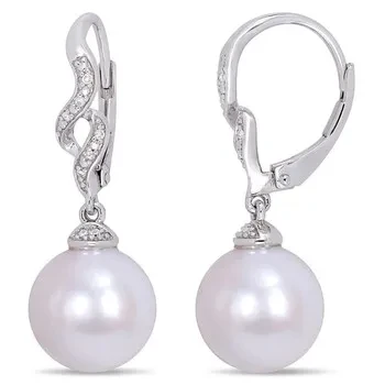 AMOUR 11-12mm Cultured Freshwater White Pearl and Diamond Twist Drop Leverback Pearl Earrings In Sterling Silver - Save $16501 Now!
