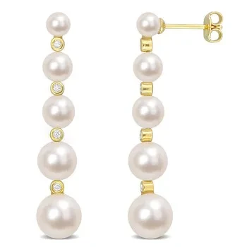 AMOUR Freshwater Cultured Pearl and 1/4 CT TGW White Topaz Graduated Dangle Earrings In Yellow Plated Sterling Silver - Save $19001 Today!