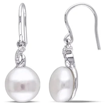 AMOUR 10.5 - 11 Mm White Cultured Freshwater Pearl Earrings with Diamonds In Sterling Silver - Now 55% Off!