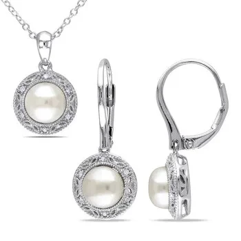 AMOUR 2 Piece Set Of 7.5-8 Mm Cultured Freshwater Pearl and 1/10 CT TW Diamond Halo Leverback Earrings and Pendant with Chain In Sterling Silver - 46% Discount Now!