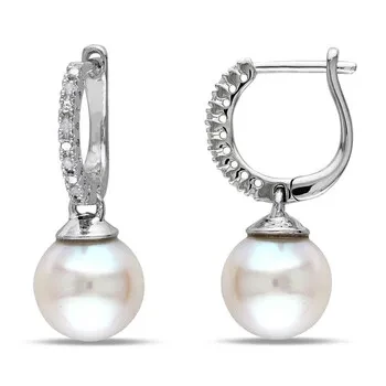 AMOUR 9 - 9.5 Mm White Cultured Freshwater Pearl Earrings with Diamonds In Sterling Silver - 60% Off Limited Time!