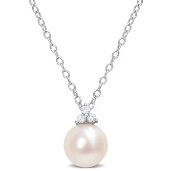AMOUR 8-8.5mm Freshwater Cultured Pearl and Diamond Accent Pearl Pendant with Chain In Sterling Silver - 49% Off Today!