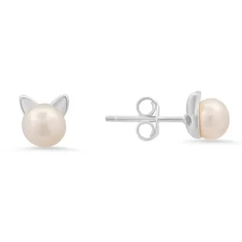 Kylie Harper Sterling Silver Kitty Cat Genuine Pearl Stud Earrings - 79% Discount Now!