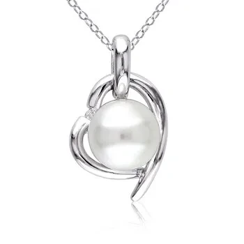 AMOUR 8.5 - 9 Mm White Cultured Freshwater Pearl and Diamond Heart Pendant with Chain In Sterling Silver - Save $9101 Now!