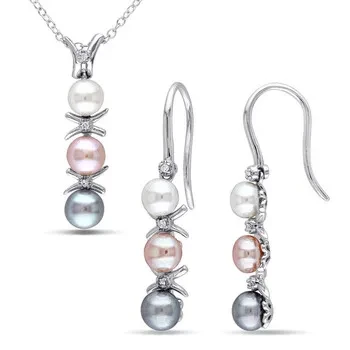 AMOUR 2-pc Set Of Dyed Grey, Pink and White Cultured Freshwater Pearl and Diamond Drop Earrings and Pendant with Chain In Sterling Silver - 45% Discount Now!