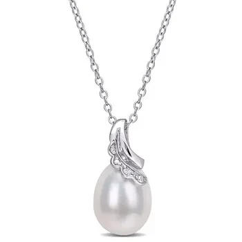 AMOUR 8.5-9mm Freshwater Cultured Pearl and Diamond Accent Drop Pendant with Chain In Sterling Silver - 56% Off Today!