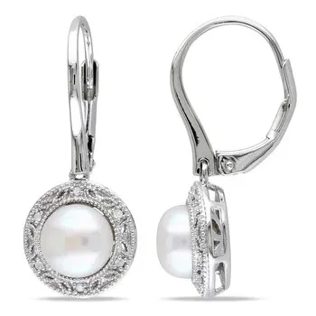 AMOUR 7.5 - 8 Mm White Cultured Freshwater Pearl and Diamond Filigree Halo Leverback Drop Earrings In Sterling Silver - Save 53% Today!