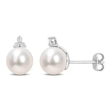 AMOUR 8-8.5mm Freshwater Cultured Pearl and 1/8 CT TW Diamond Pearl Stud Earrings In Sterling Silver - 60% Price Drop!
