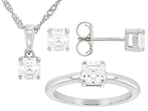 Moissanite Platineve Ring And Stud Earrings With Pendant Set 2.40ctw DEW - 56% Off Today!