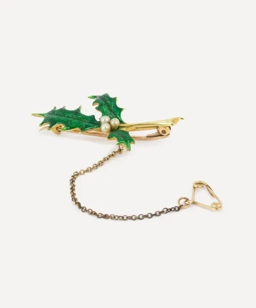 15ct Gold Edwardian Enamel Holly Brooch