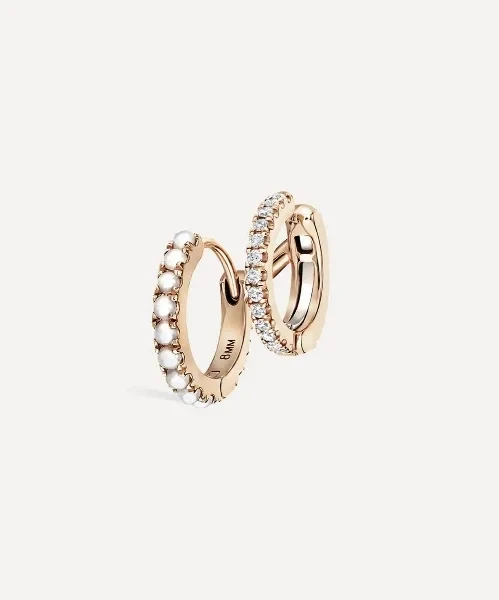14ct 8mm Pearl and Diamond Double Linked Eternity Hoop Earring Left