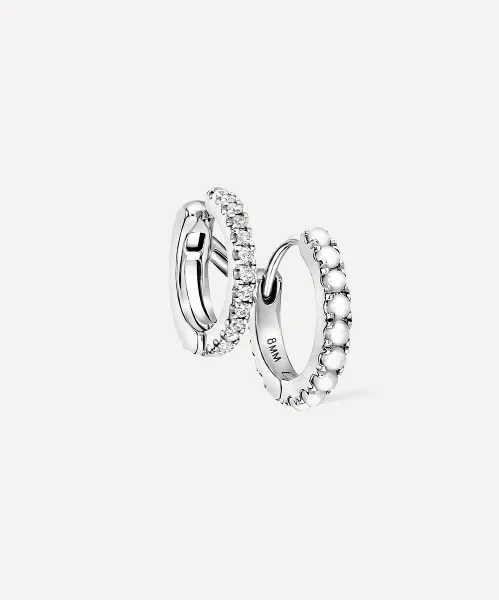 14ct 8mm Pearl and Diamond Double Linked Eternity Hoop Earring Right