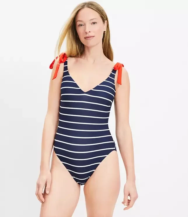 LOFT Beach Striped Plunge Bow Tie One Piece Swimsuit - 58% Discount Now!