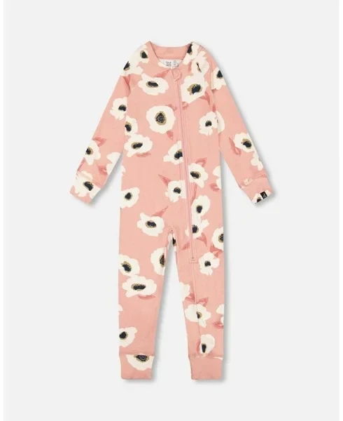 Toddler Girls One Piece Thermal Underwear Pink Printed Off White Flowers - Toddler|Child