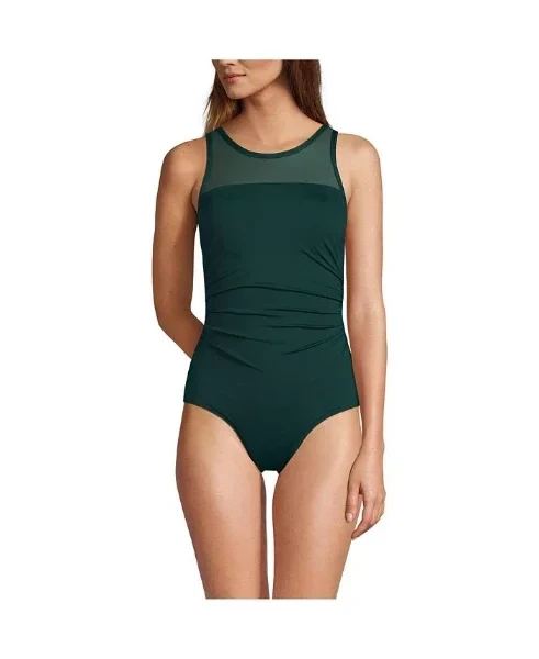 Women's D-Cup Chlorine Resistant Smoothing Control Mesh High Neck One Piece Swimsuit