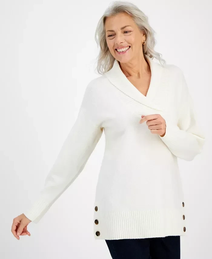 Women's Shawl Collar Button-Hem Sweater, Created for Macy's - 25% Discount Now!