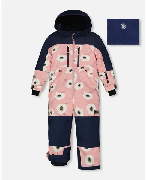 Big Girls One Piece Technical Snowsuit Pink Printed Off White Flowers - Toddler|Child