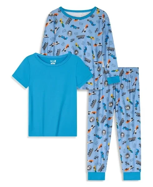 Toddler Boys Snug Fit Pajama with Pant, Long Sleeve T-shirt and Short Sleeve T-shirt, 3 Piece Set