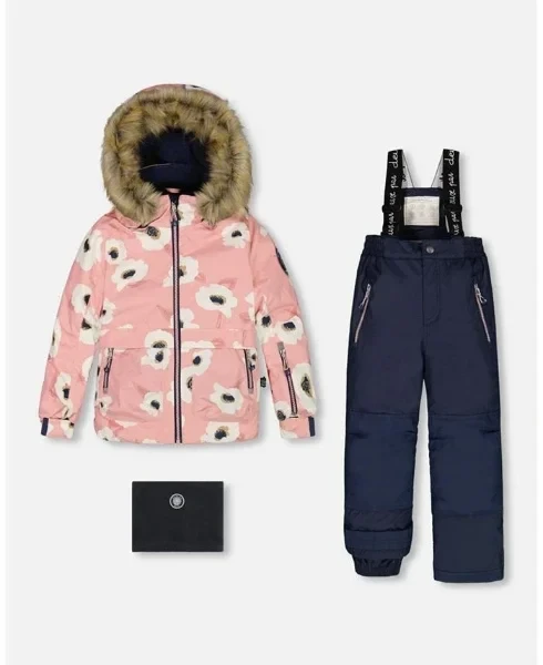 Toddler Girls Two Piece Snowsuit Pink Printed Off White Flowers And Navy - Toddler|Child