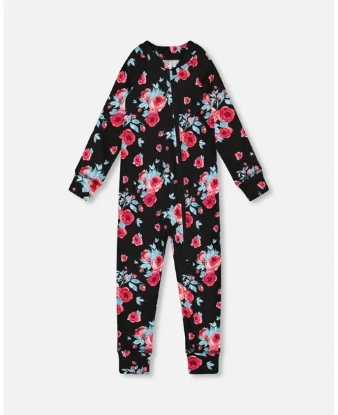 Toddler Girls One Piece Thermal Underwear Black Printed Roses - Toddler|Child