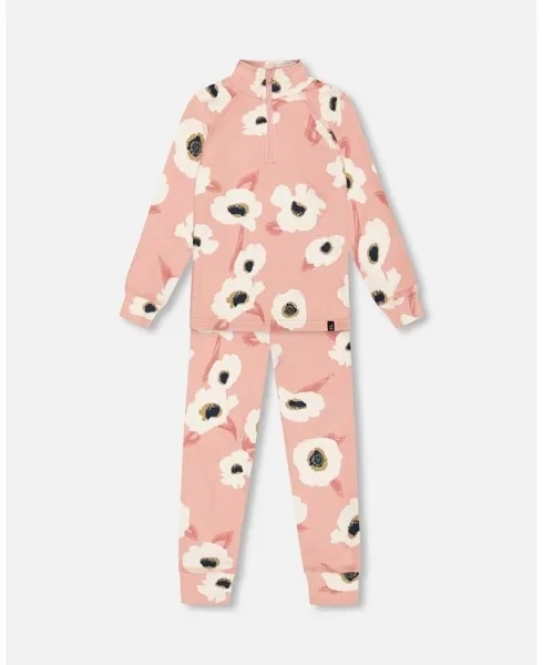 Toddler Girls Two Piece Thermal Underwear Set Pink Printed Off White Flowers - Toddler|Child