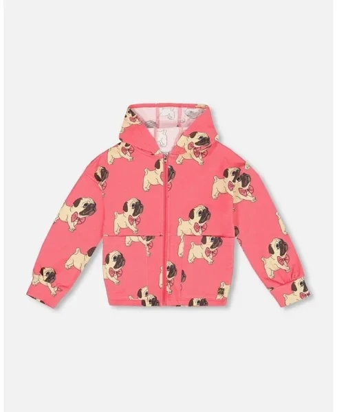 Big Girls Fleece Hooded Cardigan Magenta Printed Pug