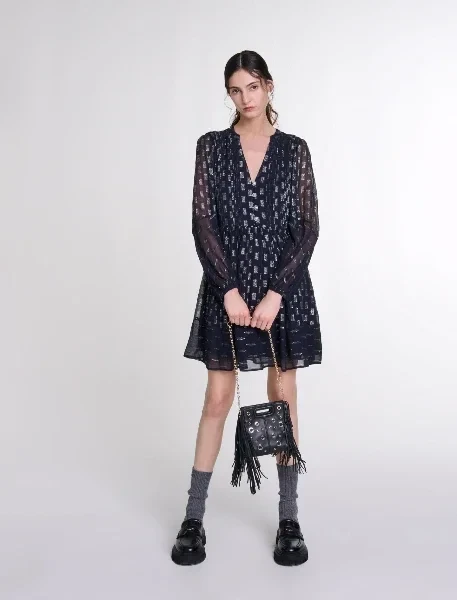 Pleated floral motif short dress - 40% Discount Now!