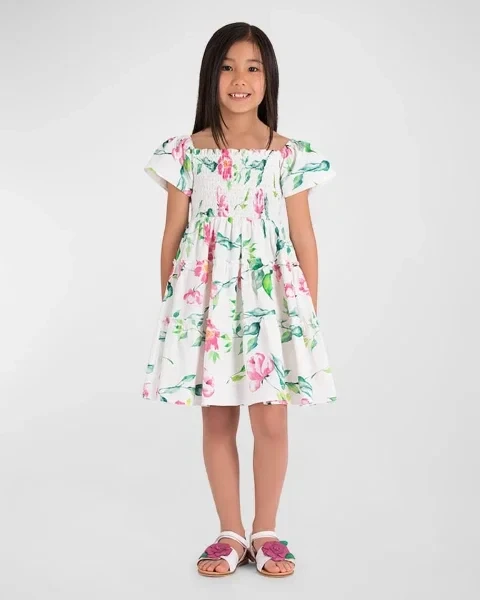 Girl's Floral Summer Smocked Cotton Mini Dress, Size 3T-10