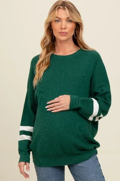 Forest Green Striped Sleeve Relaxed Fit Maternity Sweater - 31% Off Today!