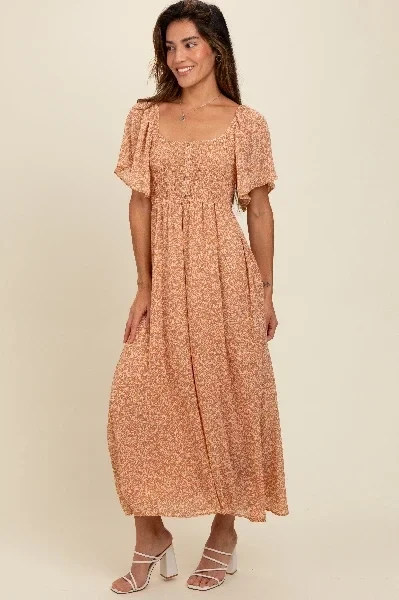 Peach Floral Smocked Button Accent Maxi Dress - 40% Price Drop!