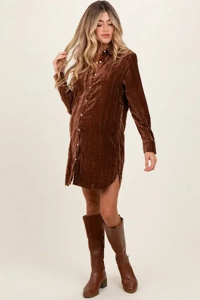 Brown Crinkled Velvet Button Down Maternity Shirt Dress - Save 31% Today!