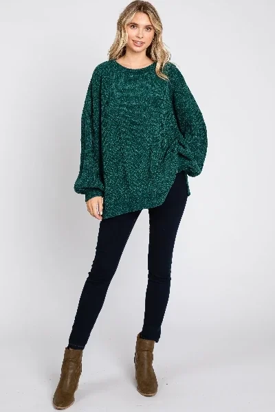 Forest Green Chenille Knit Balloon Sleeve Sweater - 31% Price Drop!