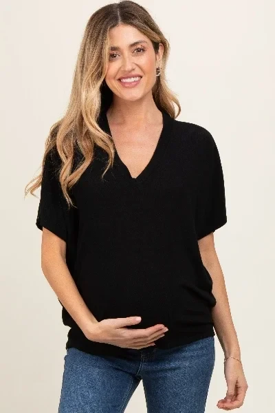 Black V-Neck Crepe Knit Maternity Top - Save $1200 Today!