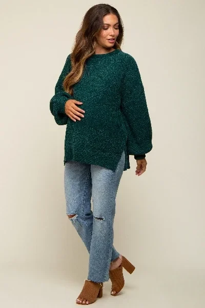 Forest Green Chenille Knit Balloon Sleeve Maternity Sweater - 31% Discount Now!