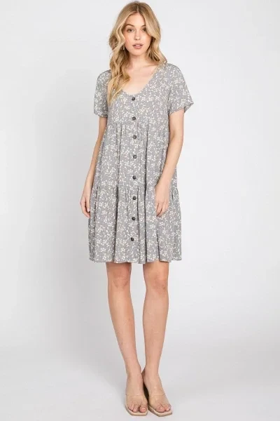 Grey Floral Tiered Button Accent Dress - 30% Discount Now!