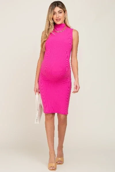 Fuchsia Ribbed Mock Neck Ruched Sides Maternity Dress - 74% Off Limited Time!