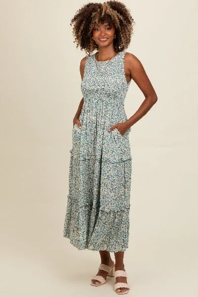 Light Olive Floral Sleeveless Ruffle Tiered Maxi Dress - 31% Discount Now!