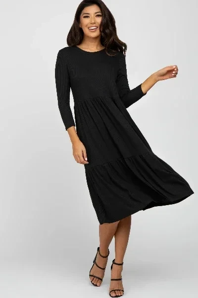 Black Tiered Ribbed 3/4 Sleeve Midi Dress - 40% Off Today!