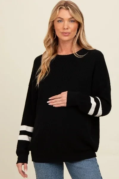 Black Striped Sleeve Relaxed Fit Maternity Sweater - Save 31% Today!