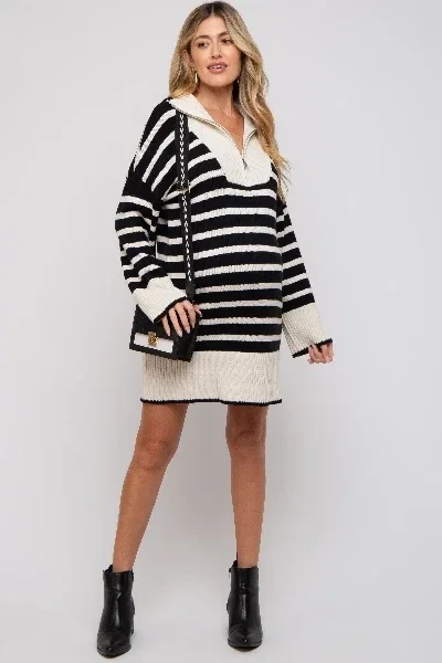 Black Striped Zipper Front Collared Maternity Sweater Dress - Save $2300 Today!