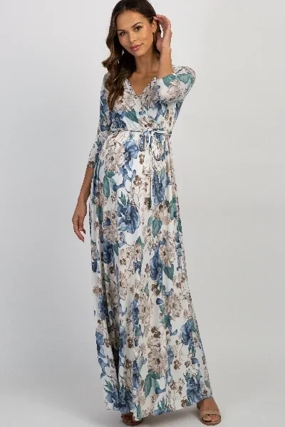 PinkBlush Ivory Floral Sash Tie Maternity/Nursing Maxi Dress - Save $2900 Today!