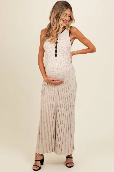 Beige Ribbed Knit Button Detail Sleeveless Maternity Maxi Dress - 41% Off Today!