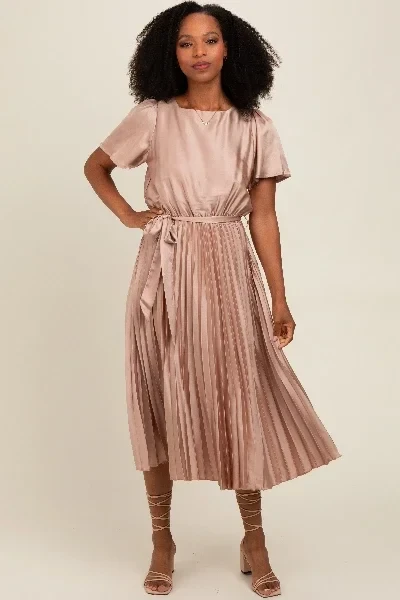 Mocha Satin Pleated Sash Tie Midi Dress - Save $4600 Today!
