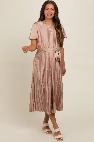 Mocha Satin Pleated Sash Tie Maternity Midi Dress - Save $4600 Now!